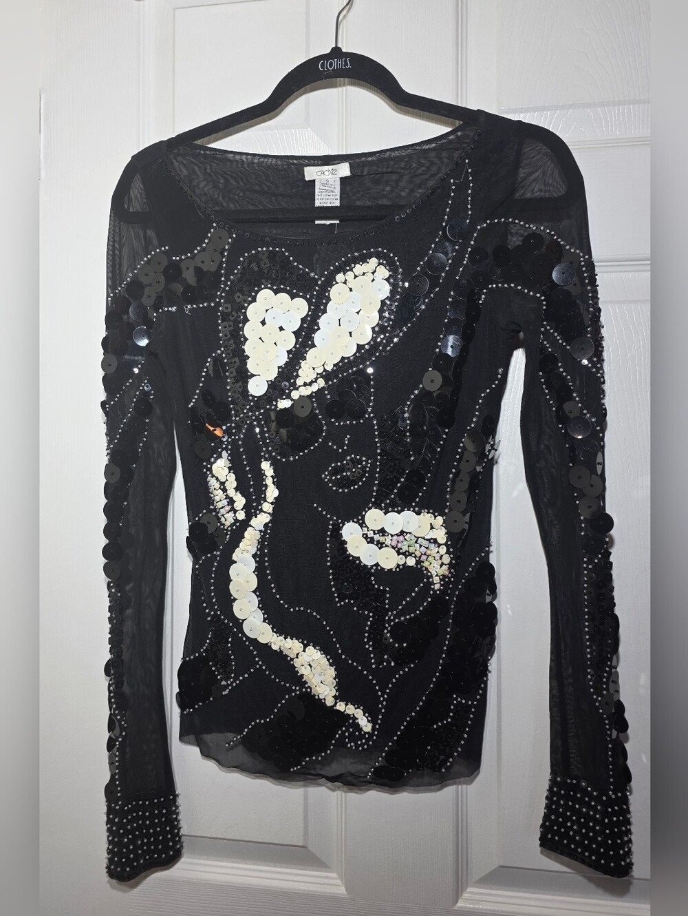 Cache Women’s Black Sheer Mesh Sequin Beaded Face Art Top Long Sleeve Size S